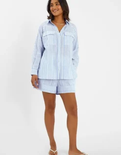 Accessorize Stripe Beach Cover Up Shirt Blue