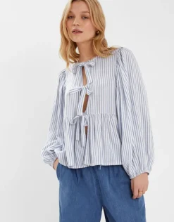 Accessorize Stripe Tie-Front Blouse Blue