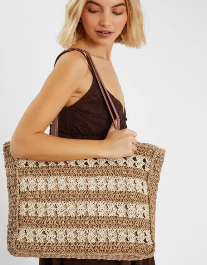 Accessorize Stripe Woven Raffia Tote Bag