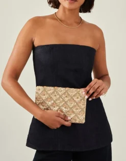Accessorize Tianna Metallic Embellished Clutch Bag Gold