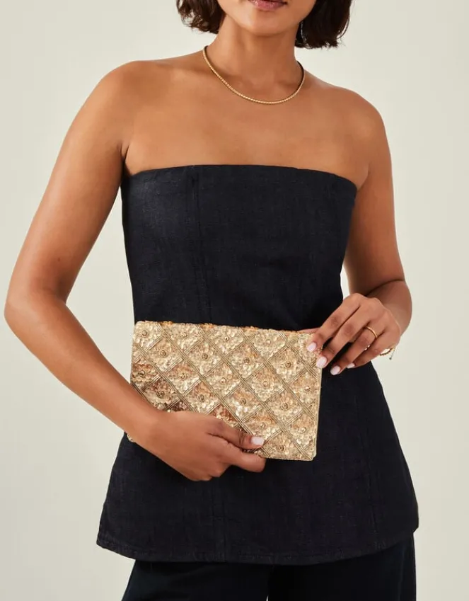 Accessorize Tianna Metallic Embellished Clutch Bag Gold