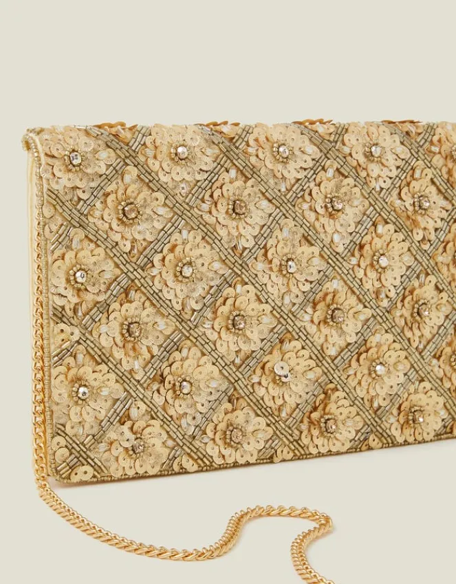 Accessorize Tianna Metallic Embellished Clutch Bag Gold