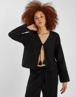 Accessorize Tie Front Crinkle Top Black