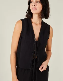 Accessorize Tie-Front Crinkle Waistcoat Black