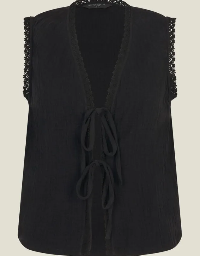 Accessorize Tie-Front Crinkle Waistcoat Black