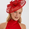 Accessorize Woven Bow Feather Disc Fascinator Red